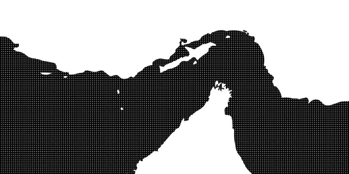 Strait of Hormus map. Black Halftone Dotted Fluid Wave Abstract Background on White
