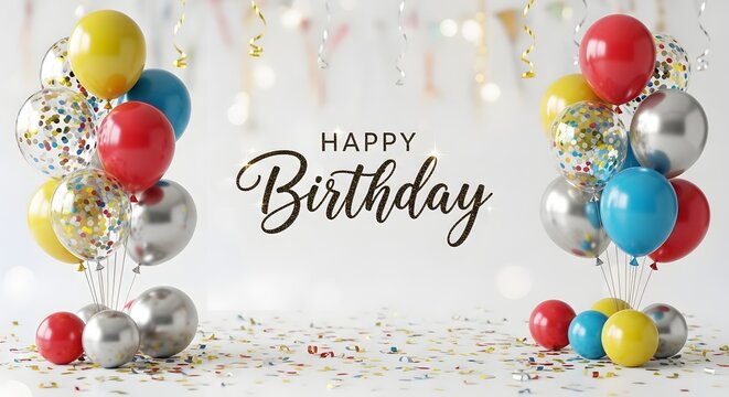 Colorful Balloons and Confetti for Birthday Celebration.