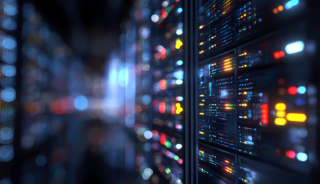 Arri&egrave;re-plan num&eacute;rique abstrait de serveurs informatiques avec des flux de donn&eacute;es lumineux, parfait pour les concepts de cybers&eacute;curit&eacute;, de big data, de cloud computing et comme fond technologique pou