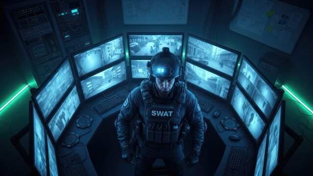 A SWAT operator vigilantly monitors multiple security feeds in a futuristic command center