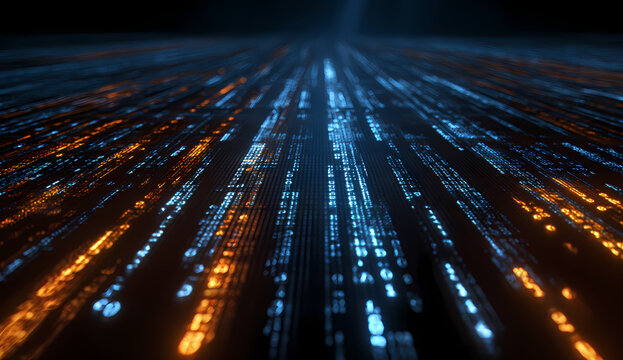 Arri&egrave;re-plan num&eacute;rique abstrait de serveurs informatiques avec des flux de donn&eacute;es lumineux, parfait pour les concepts de cybers&eacute;curit&eacute;, de big data, de cloud computing et comme fond technologique pou
