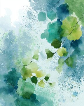 Abstract watercolor leaves nature art green and blue palette tranquil environment artistic viewpoint
