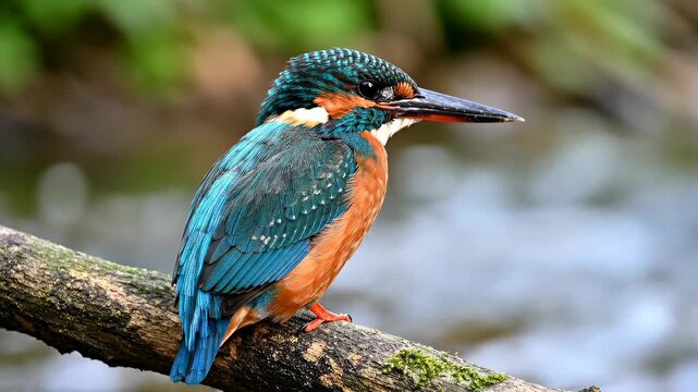 Vibrant kingfisher perched on a mossy branch overlooking tranquil water