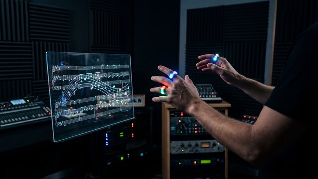 Innovative augmented reality rings projecting interactive holographic displays in a music studio