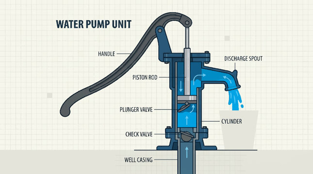 Educational cross section diagram of a hand operated water pump unit.