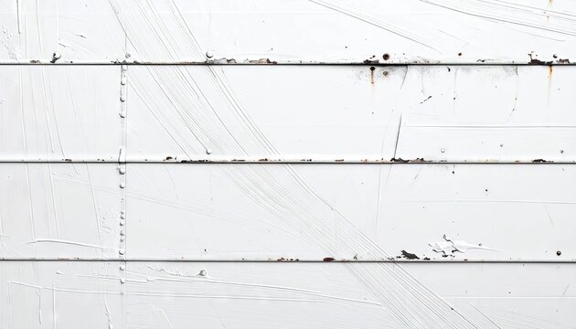 Weathered white metal siding texture showing damage and imperfections