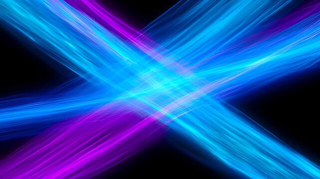 Abstract wave of colourful vibrant flowing light on black background with energetic cross lines, glowing motion, dynamic blue and purple streaks creating searchable energy field