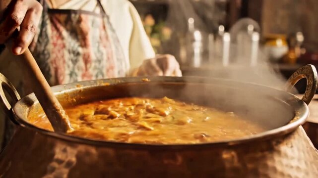 A person stirring a large, steaming copper pot filled with a rich, orange-brown stew or curry, cooking a traditional meal.