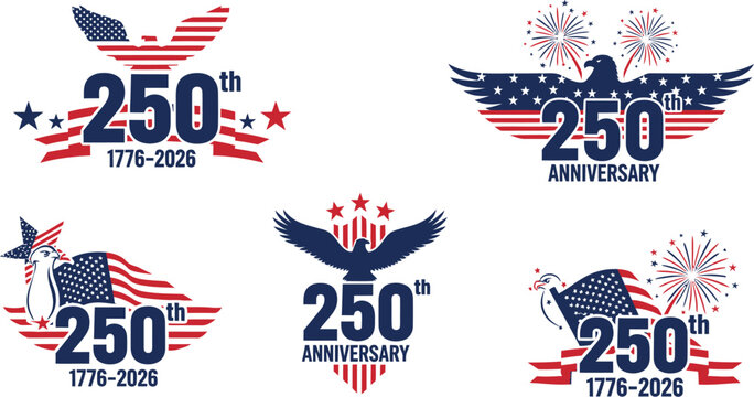 250th Anniversary emblems with American eagle and flag motifs for patriotic celebration events vector graphic set