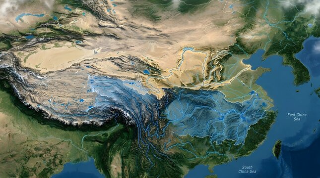 Satellite View of East Asia with Topographical Details