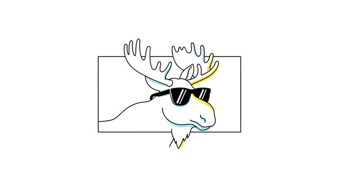 Cool Moose Wearing Sunglasses, Cartoon Style, Minimalist Line Art with Color Glitch Effect