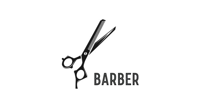 Professional barber scissors and text logo in black and white