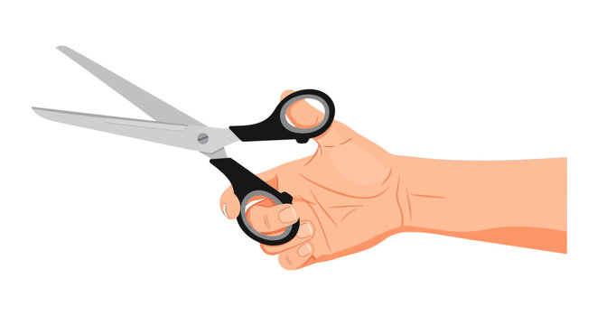 Hand holding scissors, cutting tool, vector icon, black and silver, office supplies