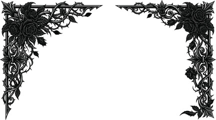 Dark gothic vintage corner frames set with black roses thorns and ornate baroque scrollwork borders for tattoo art and card design vector © MdAlom