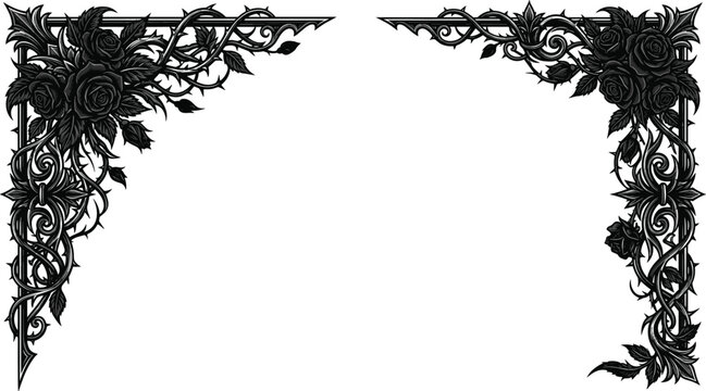 Dark gothic vintage corner frames set with black roses thorns and ornate baroque scrollwork borders for tattoo art and card design vector