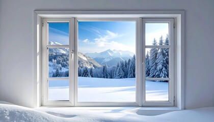 Obraz premium Winter landscape through window snowy mountains and pine trees view