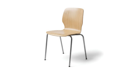 Fototapeta premium A modern chair with a wooden seat and metal legs stands alone indoors.