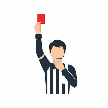 Sports referee showing red card and blowing whistle