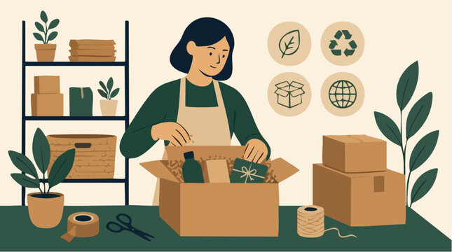 A small business owner packing sustainable goods into cardboard boxes for delivery. This flat design illustration shows an entrepreneur working in a studio with eco friendly packaging symbols.