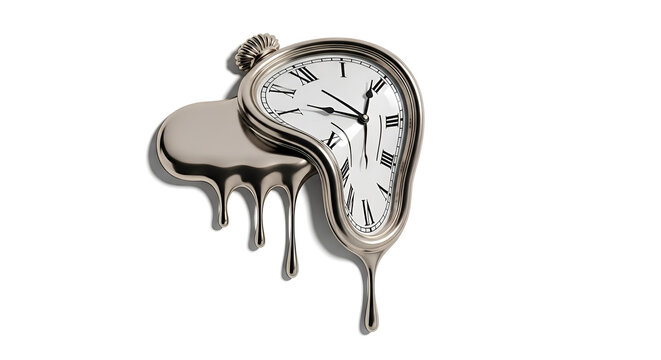 Melting clock sculpture drips metal on white background with surreal clock face