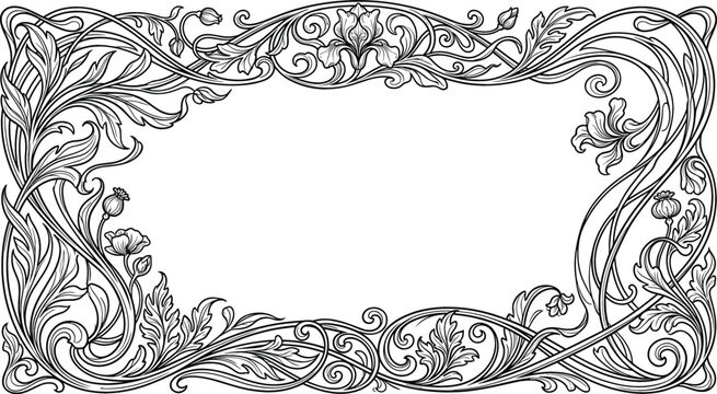 Elegant Art Nouveau vector border frame with vintage floral ornaments swirls leaves and copy space for text background