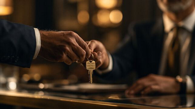 Key handover in Dealmaking: A focused shot of two hands exchanging keys, symbolizing a transaction. Key handover in real estate and business agreement