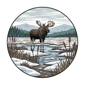 Moose standing in icy water landscape.