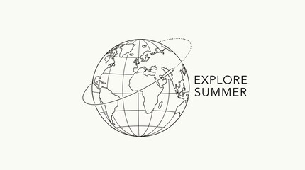 Fototapeta premium Minimalist line art illustration of a globe with a plane travel concept.