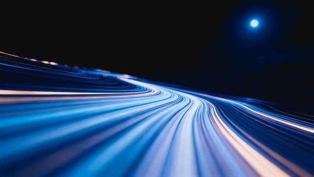 This long exposure photograph captures curved highway light trails at night, with a glowing moon in the dark sky, conveying dynamic motion and modern travel atmosphere.