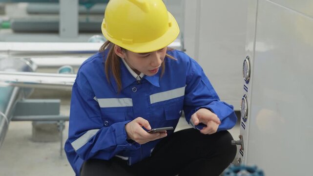 A professional female engineer in a yellow hardhat inspects industrial pipeline insulation and metal joints during a building infrastructure audit.