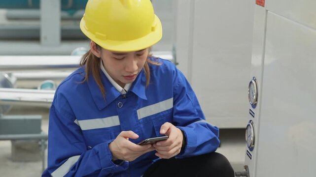 A professional female engineer in a yellow hardhat inspects industrial pipeline insulation and metal joints during a building infrastructure audit.