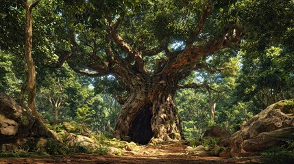 Fototapeta premium Macadamia Tree - Majestic Ancient Forest Panorama with Natural Trunk Hollow Scenery