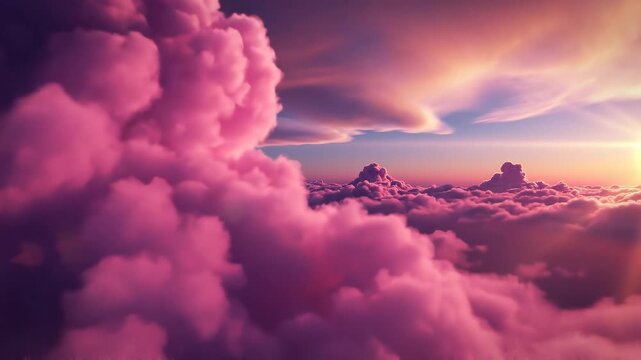 Dreamy pink clouds at sunset with sun rays breaking through the atmosphere