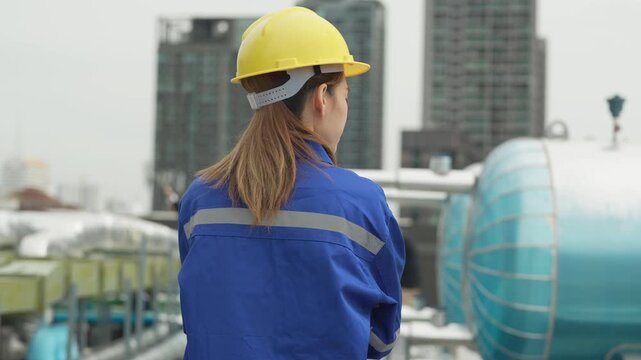 A female electrical engineer wearing a yellow hardhat and blue uniform operates a digital control panel display while holding a smartphone during a technical building system audit.