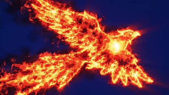 Mythical phoenix bird made of fire soars through dark blue sky