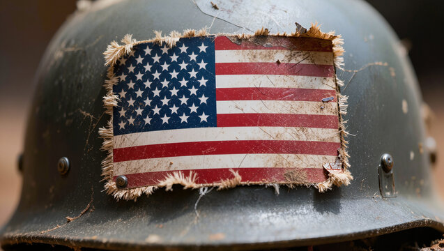Weathered American flag patch on dusty vintage steel military helmet with frayed edges and worn texture, authentic patriotic veteran tribute concept, editorial photography