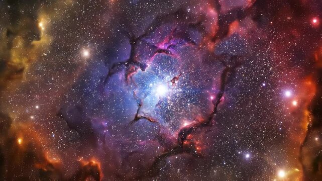 Vibrant cosmic nebula with glowing stars and interstellar gas clouds in deep space