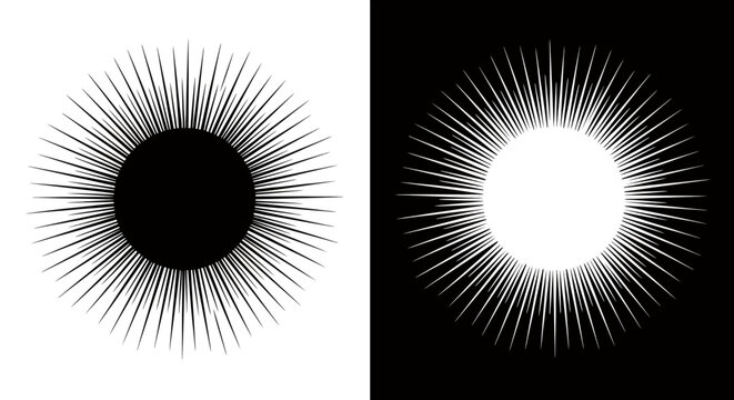 Pair of abstract sunburst circles with radiating spikes showing dark and light variations.