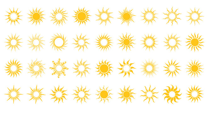 Collection of yellow sun icons arranged in a neat grid pattern.