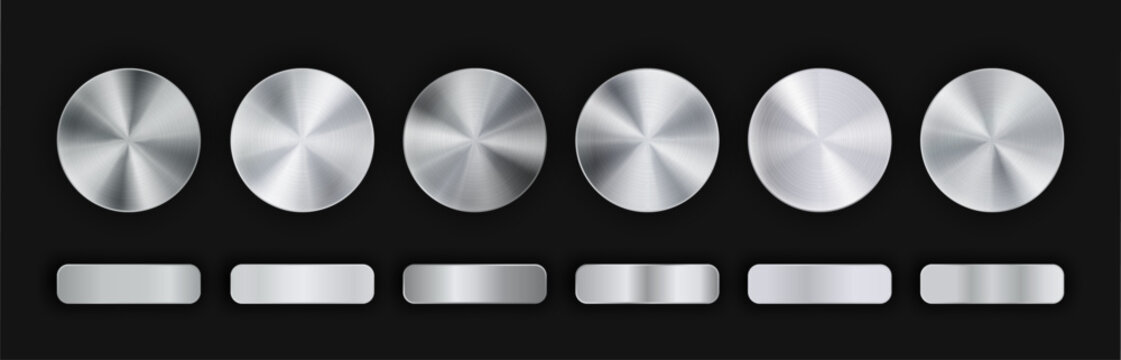 Radial realistic gradient silver metallic pack isolated on black background with shadows. Steel chrome circle and rectangle button or award medal set. Vector illustration