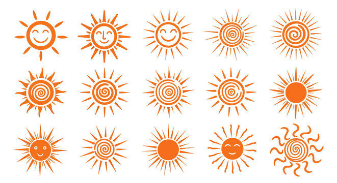 Set of orange sun icons arranged in a grid with variations and a blue accent.