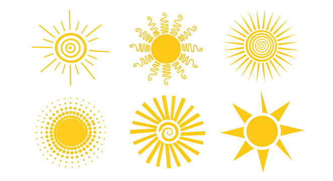 Collection of bright sun icons featuring varying radii and circular designs for graphic projects.