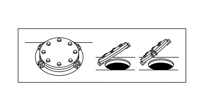 Round Access Hatch Cover with Hinged Lid and Securing Bolts, Open and Closed Views