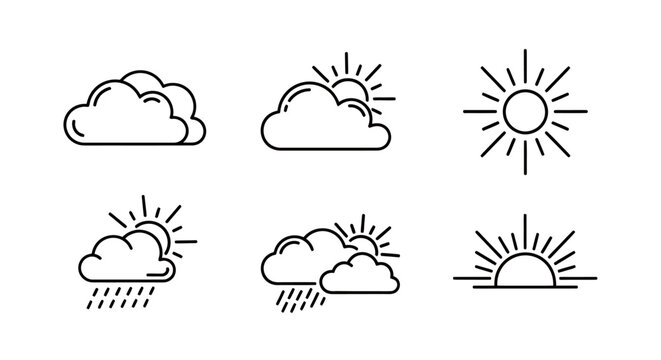 Collection of weather icons showing sun, clouds, and rain for environmental design and illustration.