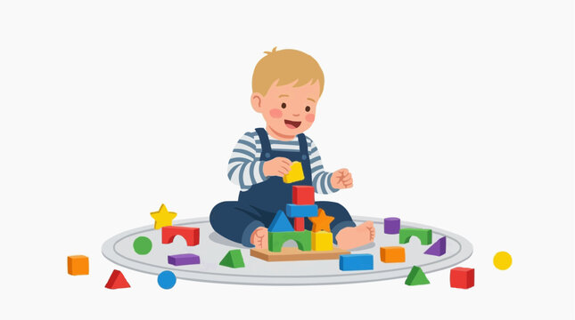 Cute baby playing with colorful wooden building blocks and various shapes on a white mat colorful education learning preschool childhood