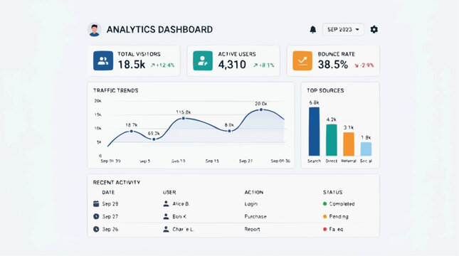 Modern analytics dashboard interface displaying key performance indicators and user activity with analytics dashboard interface statistics