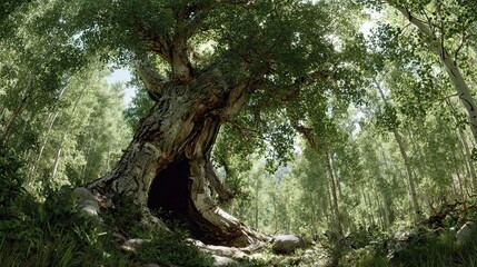Fototapeta premium Quaking Aspen - Majestic Ancient Forest Panorama with Natural Trunk Hollow Background