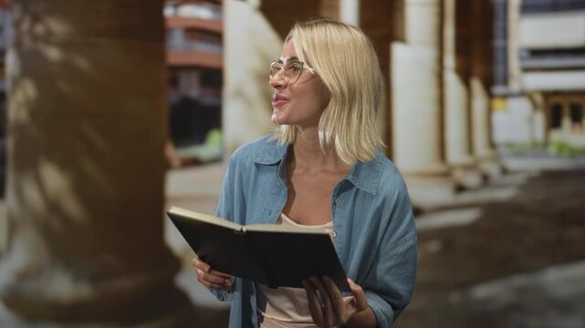 Woman holding a book with both hands, reading aloud near classical columns at a building; serenity quiet study.