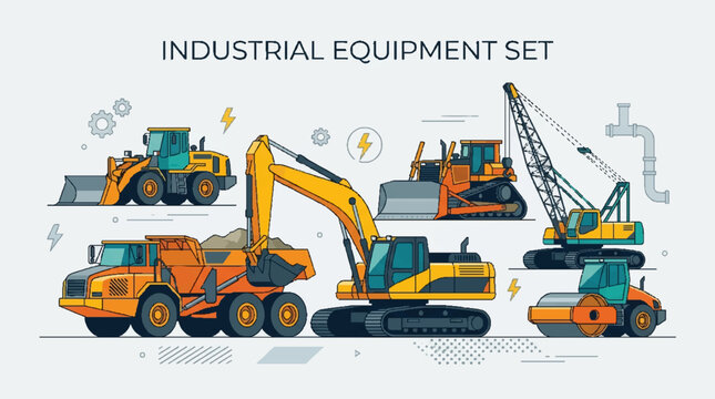 Industrial heavy machinery and construction equipment set.