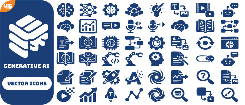 Generative AI and Creative AI solid icon set. Featuring prompt engineering, text to image, text to video, and content generation. Vector icons for tech startups and software projects.

